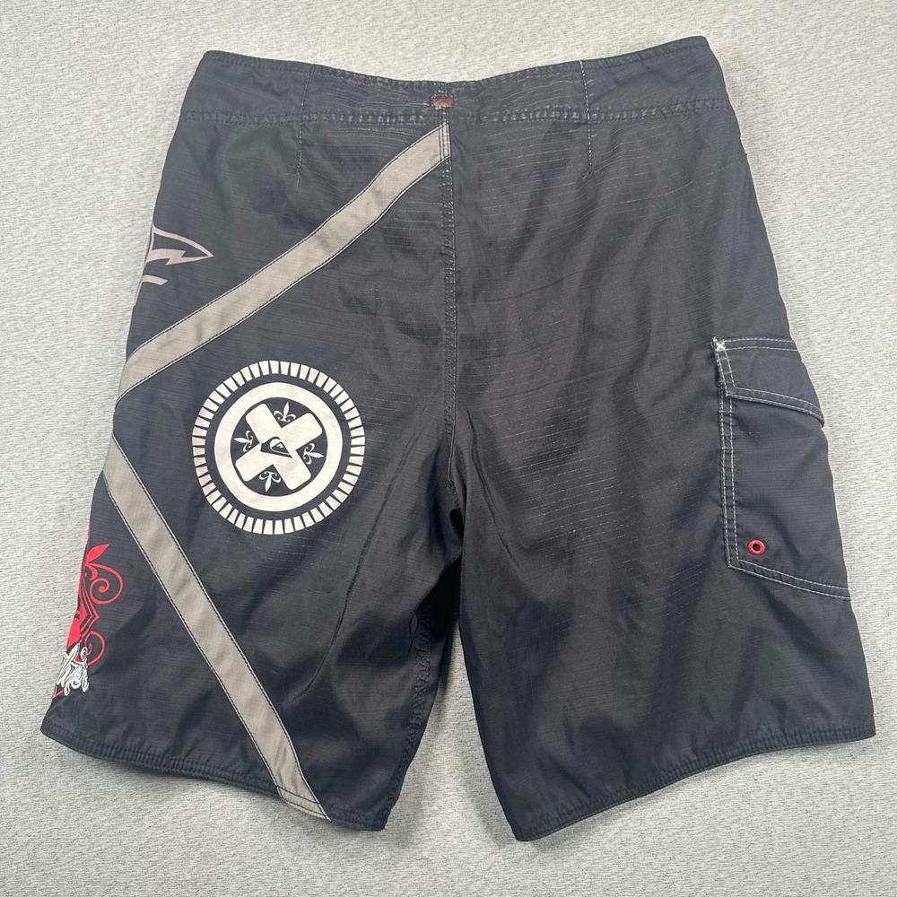Quiksilver Board Shorts Mens 34 Black Ripstop Graphic Y2K Surf Swim Trunks - Picture 9 of 12